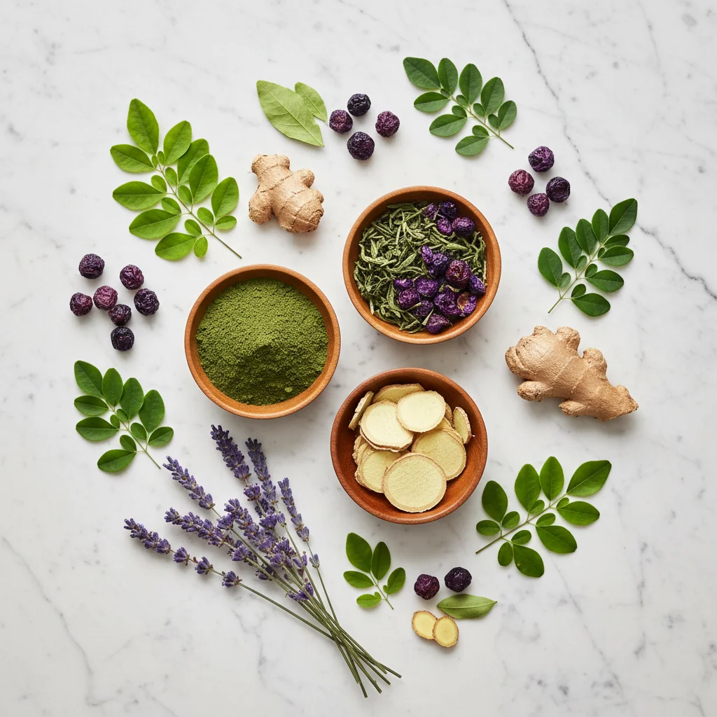 Bovenaanzicht van plantaardige ingrediënten: kruiden, groene thee, gember en moringa